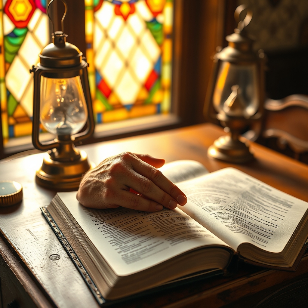 A photorealistic photograph of a wooden open Bible on a wooden table beside an oil lamp with warm golden light and stained glass in the background, shot in professional magazine editorial style, conveying reverence and contemplation.