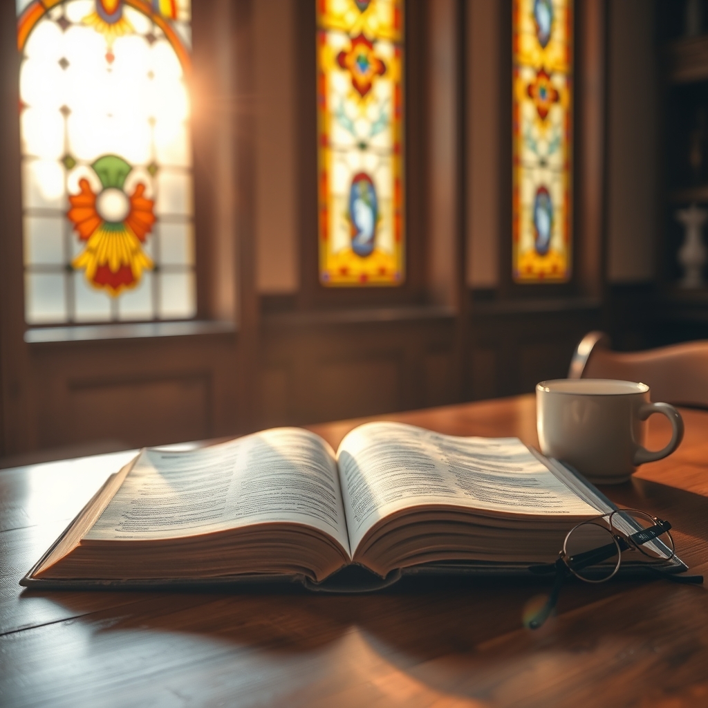 A photorealistic photograph of an open Bible on a wooden table with warm light, conveying a reverent and contemplative atmosphere.