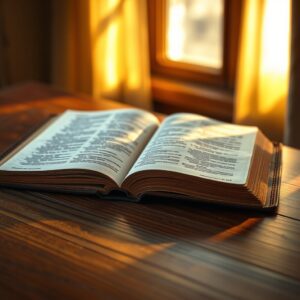 A photorealistic photograph of an open, weathered Bible resting on a rich mahogany wooden surface with warm morning light and soft shadows, conveying spiritual contemplation.