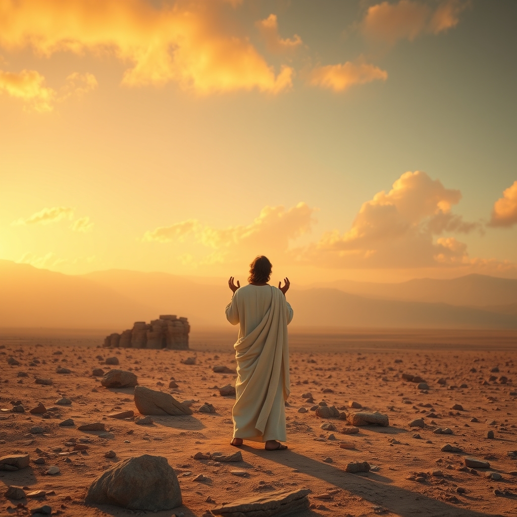 A photorealistic photograph of Jesus praying alone in a desert wilderness at golden hour, wearing a white robe with arms raised, surrounded by rocky terrain and warm sunlight breaking through clouds.