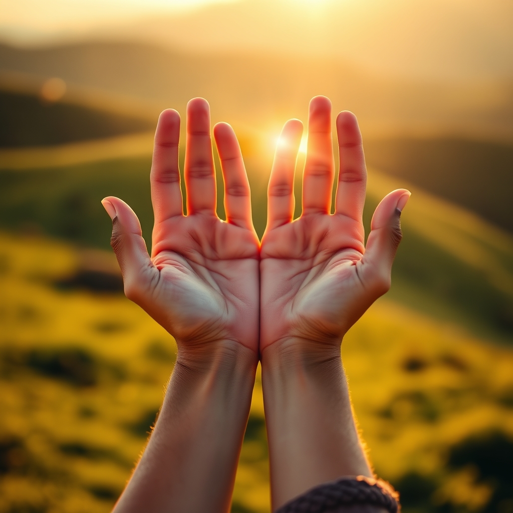 A photorealistic photograph of open hands receiving warm golden-hour sunlight on a hillside, symbolizing peace and encouragement rooted in Christ.