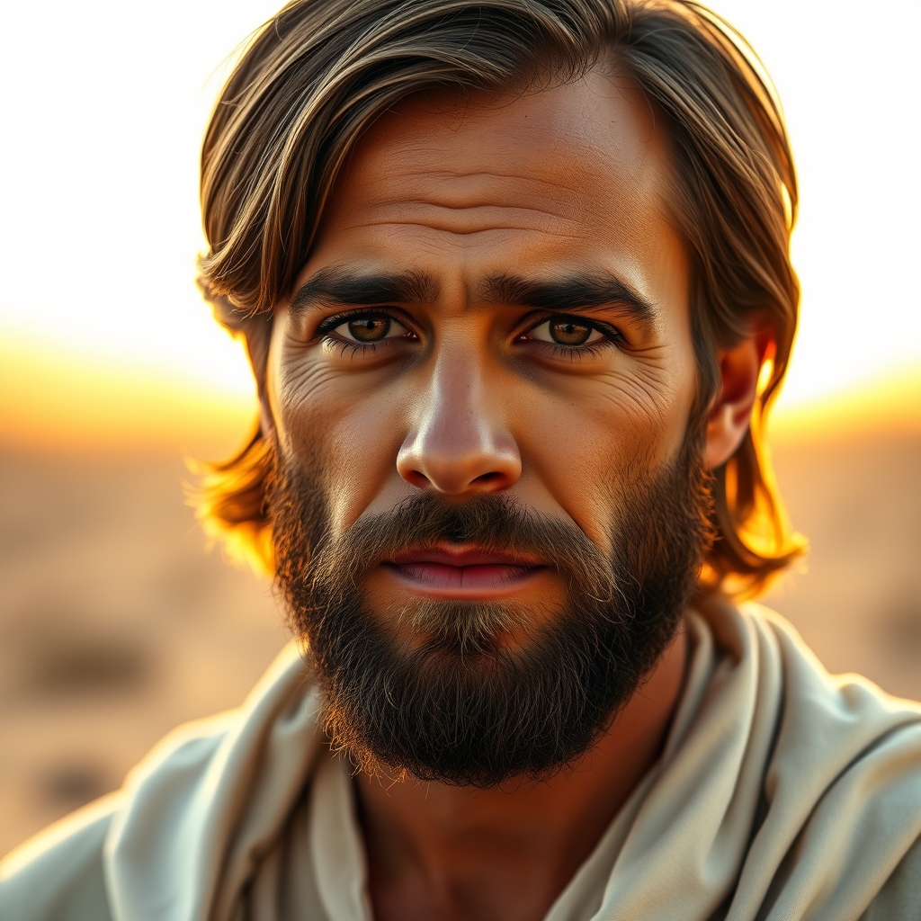 A photorealistic portrait of a bearded man in a white robe against a soft desert background, evoking the iconic portrayal of Jesus Christ.