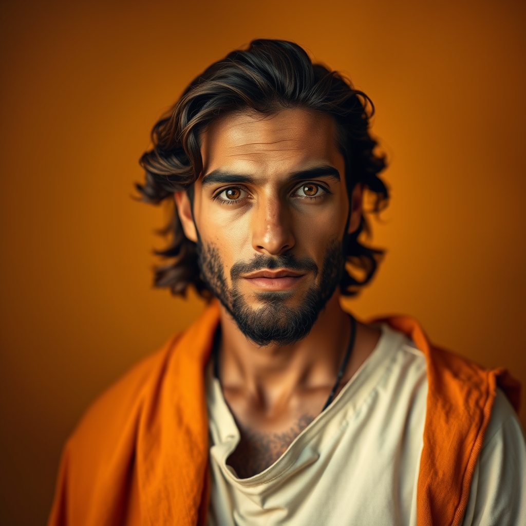 A photorealistic portrait of a compassionate Middle Eastern Jesus figure with a warm gaze, in soft studio lighting