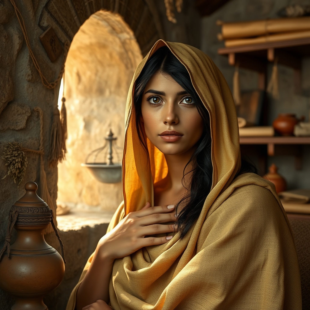 A photorealistic portrait of a Jewish noblewoman from the 1st century, depicted as Pontius Pilate's wife, shown near a window with a concerned and earnest expression.
