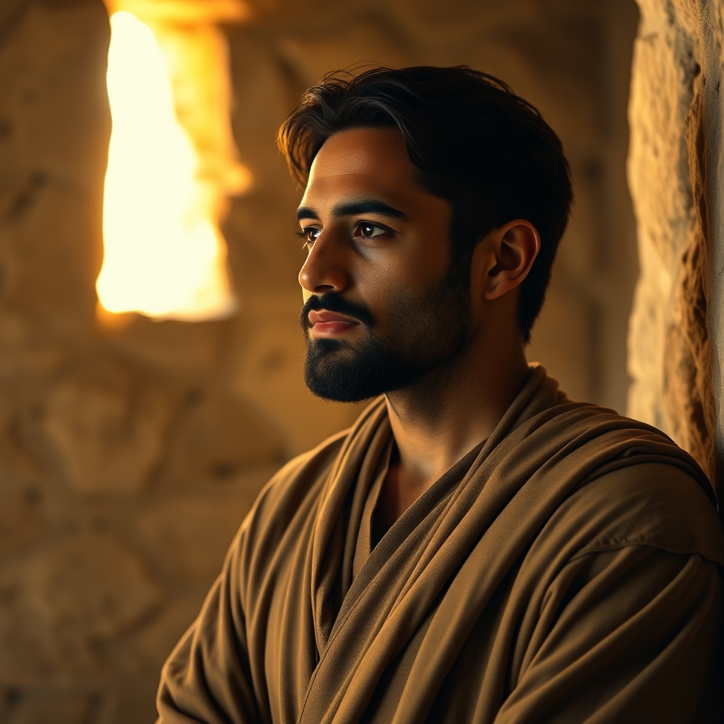 A photorealistic portrait of a Middle Eastern man in simple robes standing in a humble, warmly lit stone room, conveying peace and reverence — reflecting on the true appearance of Jesus Christ.