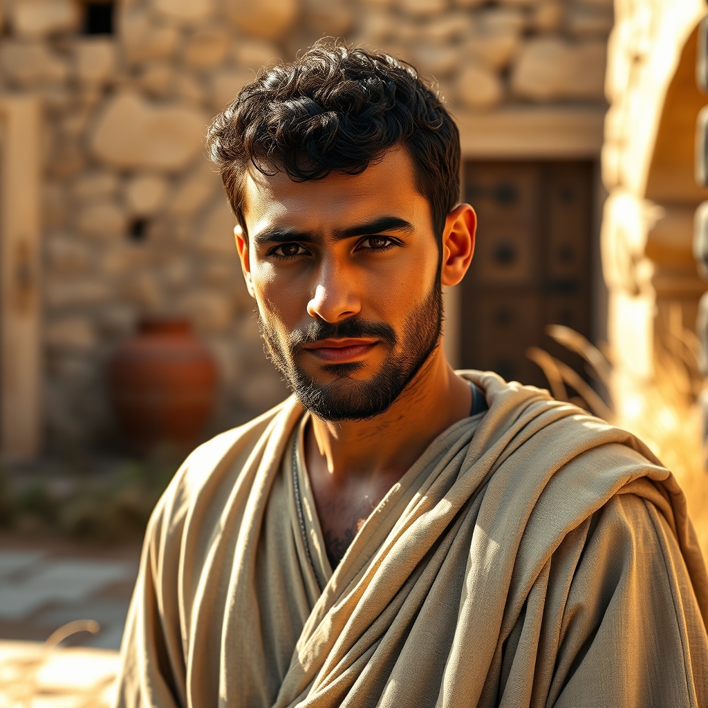A photorealistic portrait of a Middle Eastern man in traditional first-century Judean clothing standing in an ancient stone courtyard at golden hour.
