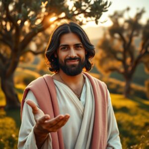 A photorealistic portrait of Jesus as a warm, Middle Eastern man with a gentle smile and outstretched hand, standing in a golden-lit olive grove at sunrise, conveying friendship, compassion, and divine welcome.