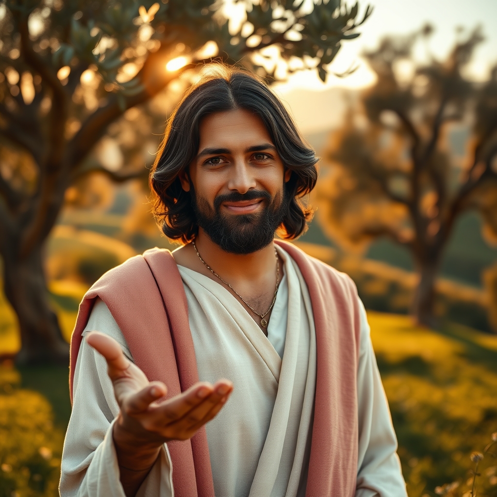 A photorealistic portrait of Jesus as a warm, Middle Eastern man with a gentle smile and outstretched hand, standing in a golden-lit olive grove at sunrise, conveying friendship, compassion, and divine welcome.