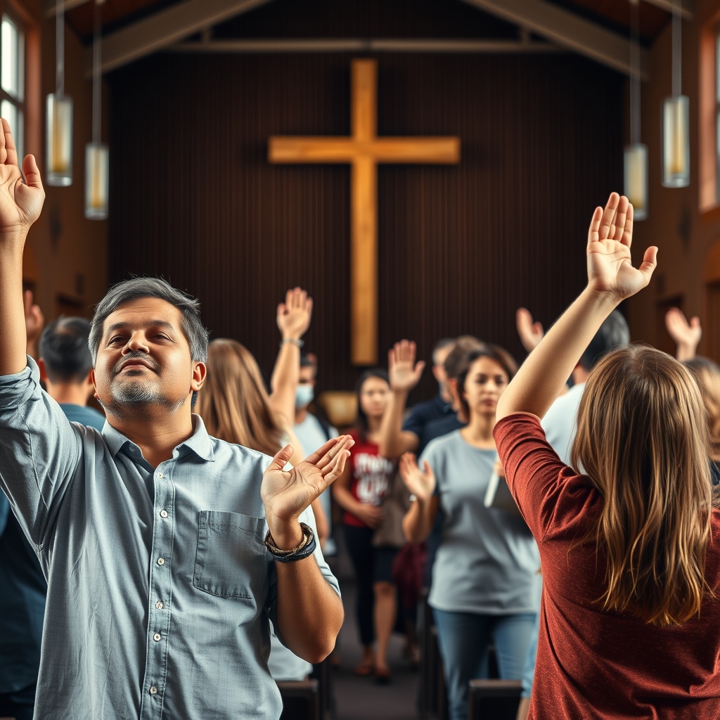 A photorealistic, professional photograph of a diverse group of Christians praying together, hands raised in worship, with a large cross in the background, conveying compassion and faith.