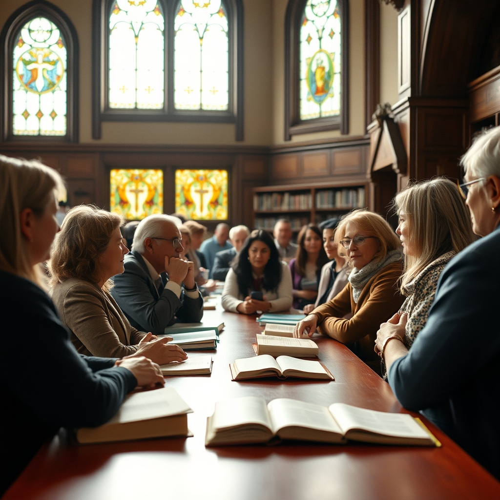 A photorealistic, professional photograph of a diverse group of people in a church library, engaged in discussion, with warm natural light and Bibles on tables.