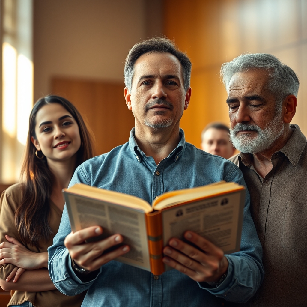 A photorealistic professional photograph of a diverse Christian group—a middle-aged man holding an open Bible flanked by a young woman and elderly man warm reverent expressions—standing in soft, golden-hour-like light within a warm church interior setting