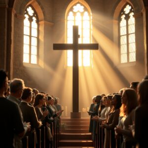 A photorealistic professional photograph of a diverse group of real people worshipping in a warm, light-filled church, with a wooden cross at the center, symbolizing faith, hope, and the transformative love of Jesus Christ according to the Bible.