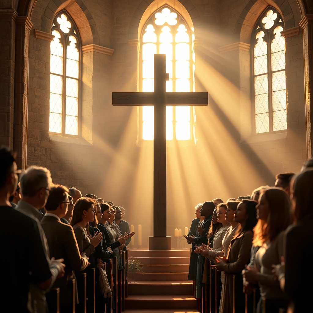 A photorealistic professional photograph of a diverse group of real people worshipping in a warm, light-filled church, with a wooden cross at the center, symbolizing faith, hope, and the transformative love of Jesus Christ according to the Bible.