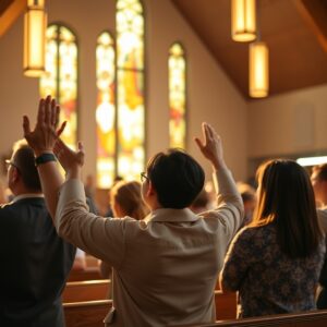A photorealistic professional photograph of a diverse group of real people worshipping in a modern church sanctuary, hands raised in praise, with warm golden light and stained glass windows in the background, captured in high-quality stock photo style with shallow depth of field and natural, authentic expressions of reverence and joy.