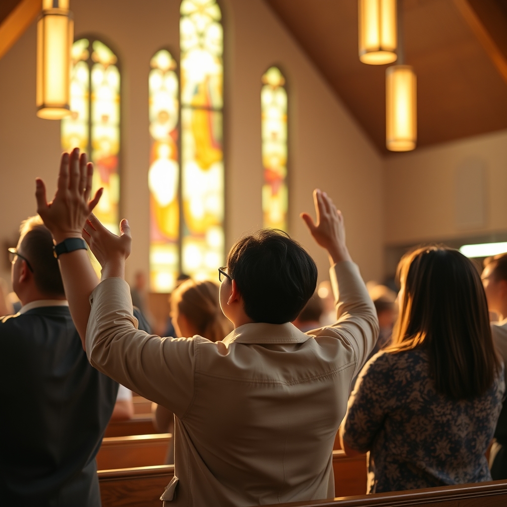 A photorealistic professional photograph of a diverse group of real people worshipping in a modern church sanctuary, hands raised in praise, with warm golden light and stained glass windows in the background, captured in high-quality stock photo style with shallow depth of field and natural, authentic expressions of reverence and joy.