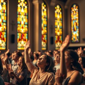 A photorealistic professional photograph of a diverse group of real human worshippers with hands raised in heartfelt praise in a modern church sanctuary, soft golden light streaming through stained glass windows, capturing a moment of spiritual surrender and faith, with a reverent, compassionate, and pastoral tone.