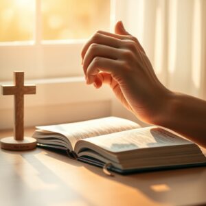 A photorealistic, professional photograph of a human hand holding an open Bible with morning light streaming through a window, with a wooden cross beside it on a soft surface, evoking a reverent, pastoral atmosphere of prayer and faith.