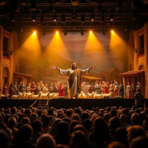 A photorealistic professional photograph of a live biblical stage production at Sight & Sound Theatres, showing an actor portraying Jesus on an elaborate ancient Galilee set with live animals, period-costume cast, and an engaged audience under warm theatrical lighting.