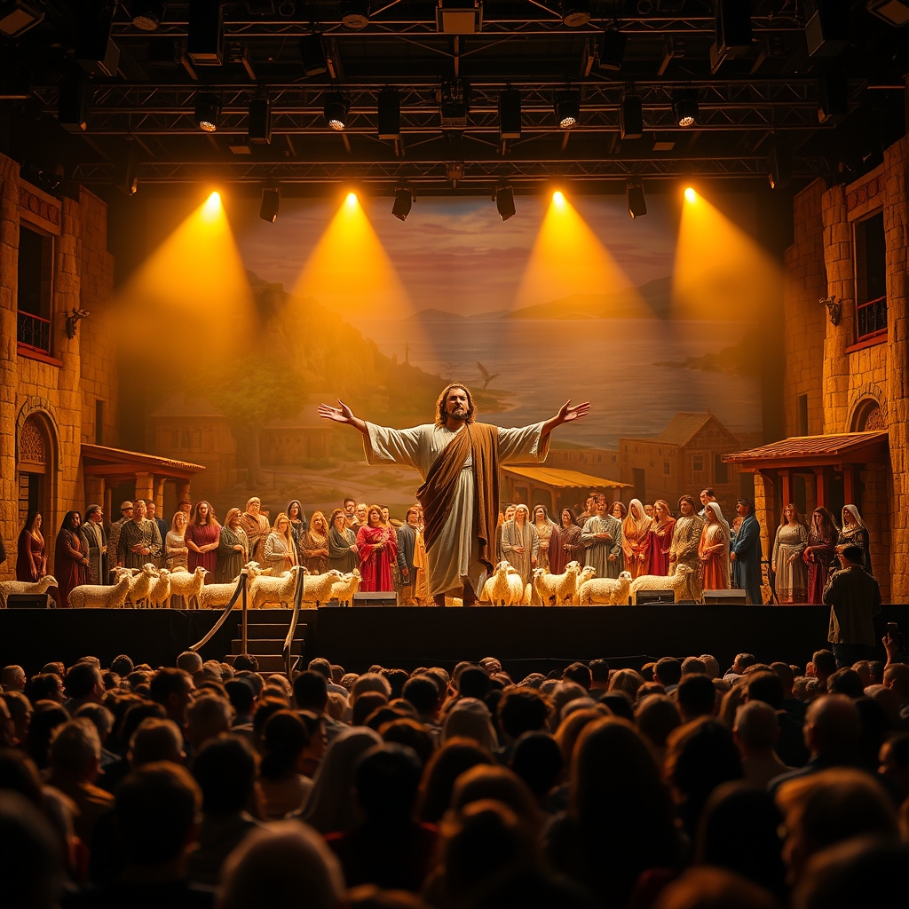 A photorealistic professional photograph of a live biblical stage production at Sight & Sound Theatres, showing an actor portraying Jesus on an elaborate ancient Galilee set with live animals, period-costume cast, and an engaged audience under warm theatrical lighting.