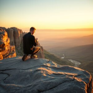 A photorealistic, professional photograph of a person in deep prayer on a majestic rock formation, symbolizing faith in Jesus Christ as Lord and Savior.