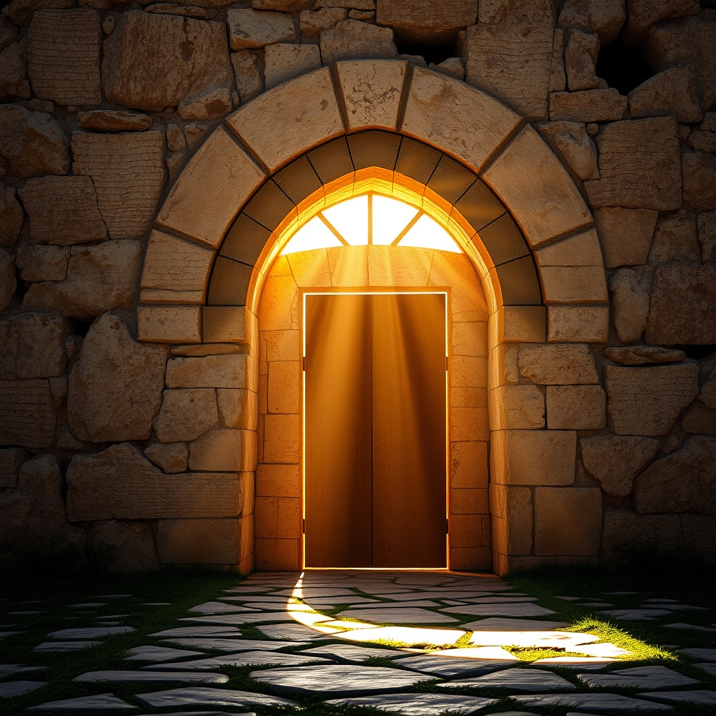 A photorealistic, professional photograph of a sunlit ancient stone tomb entrance in Jerusalem, rays of light spilling out, conveying peace and reverence.