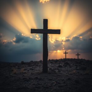 A photorealistic professional photograph of a wooden cross at Golgotha at dawn, with golden light breaking through dramatic clouds, symbolizing the crucifixion of Jesus Christ and the hope of redemption, set against a rocky, dusty landscape with two distant crosses on the horizon.