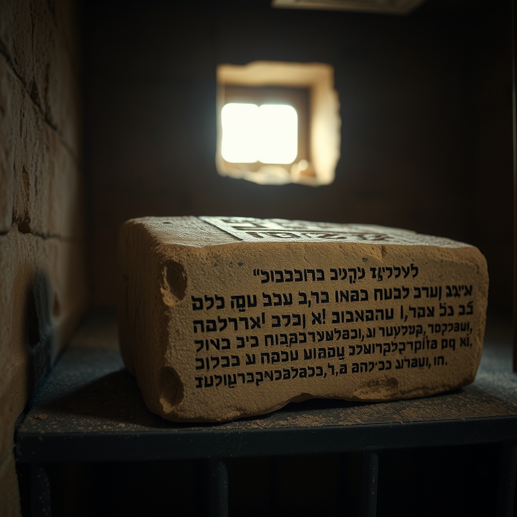 A photorealistic, professional photograph of an ancient stone ossuary with Hebrew inscriptions, resting on a dusty shelf in a dimly lit room.