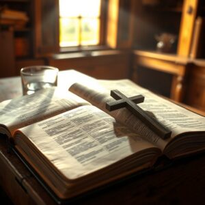 A photorealistic, professional photograph of an open Bible on a wooden table with a cross and soft light, symbolizing the truth of Jesus Christ as revealed in Scripture.