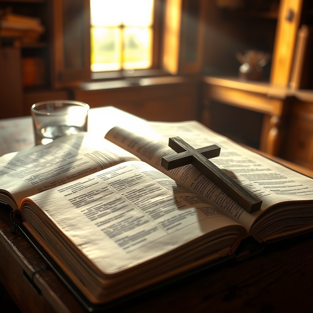 A photorealistic, professional photograph of an open Bible on a wooden table with a cross and soft light, symbolizing the truth of Jesus Christ as revealed in Scripture.