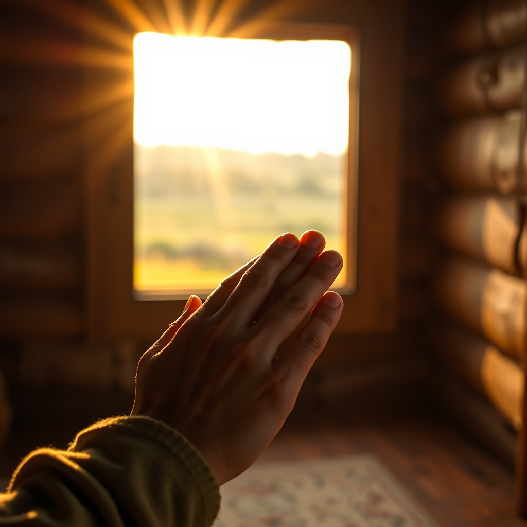 A photorealistic, professional photograph of gentle hands held in prayer, bathed in warm, golden light, symbolizing faith in Jesus the Healer.