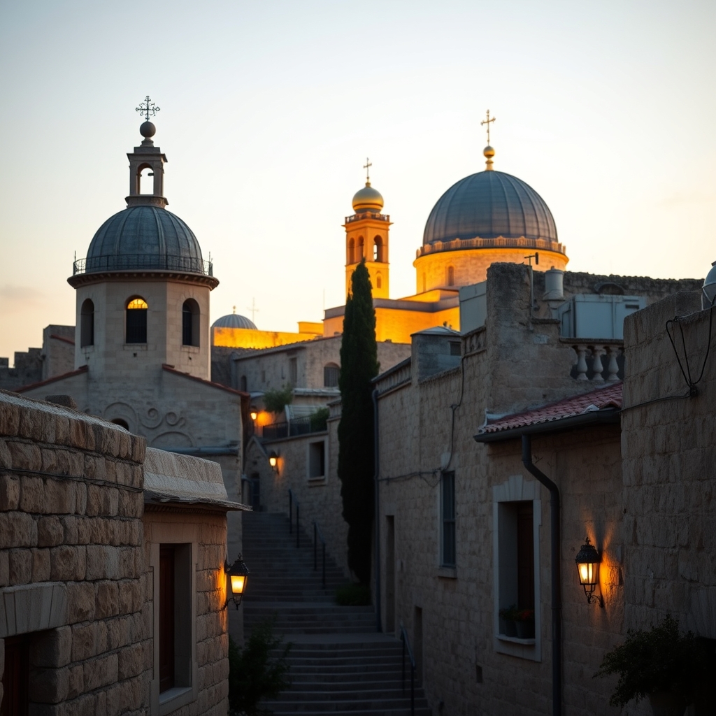 A photorealistic, professional photograph of the ancient town of Bethlehem at dusk, with the Church of the Nativity illuminated by warm golden light, conveying a reverent and peaceful atmosphere suitable for a faith-based article on the birthplace of Jesus.