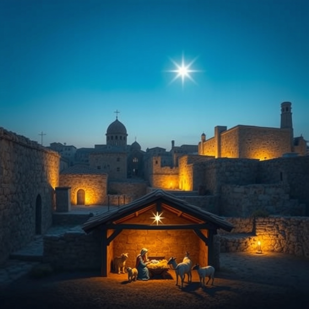 A photorealistic, professional photograph of the ancient town of Bethlehem at dusk, with soft golden light illuminating the old stone buildings and a humble stable, conveying peace and holiness.