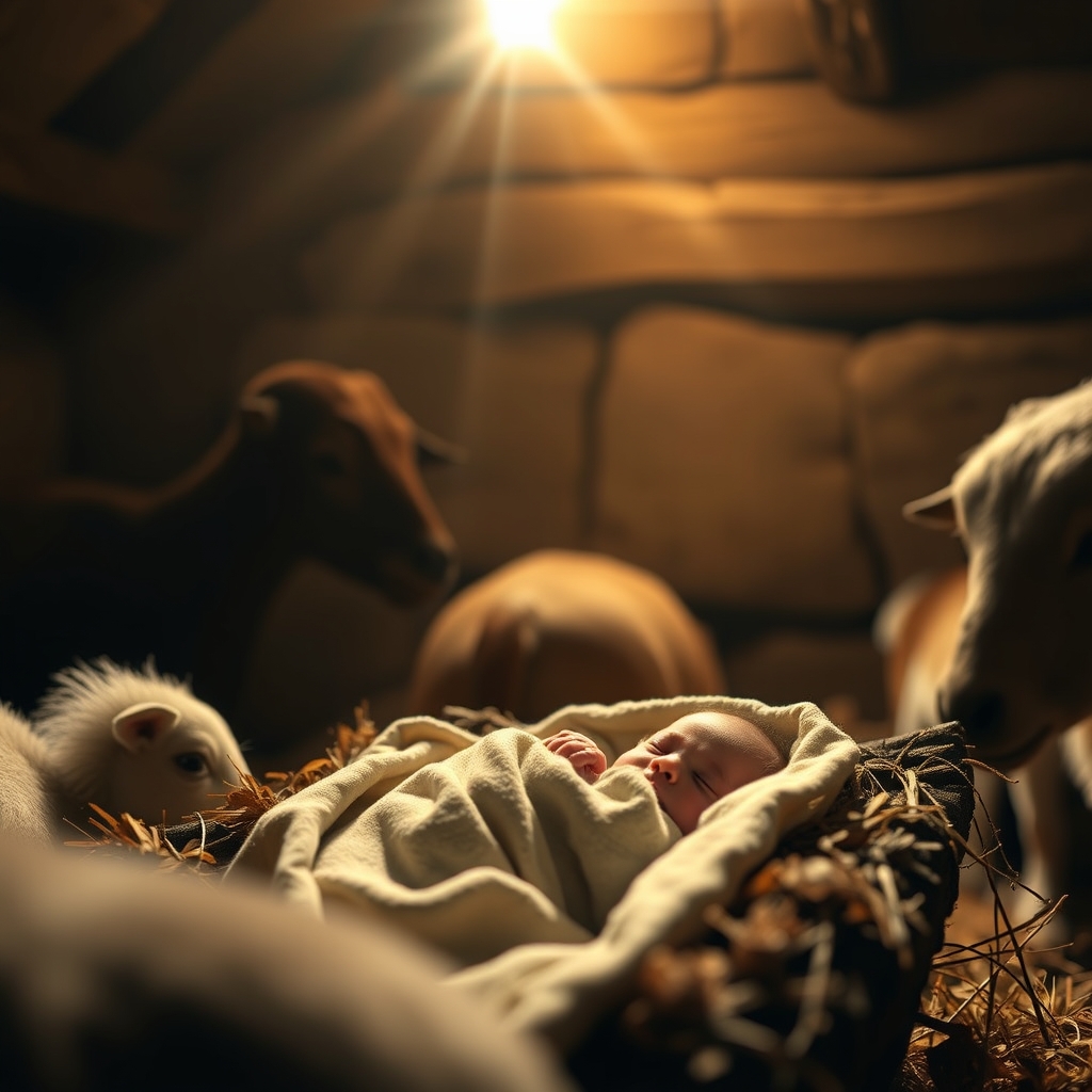 A photorealistic, professional photograph of the humble stable in Bethlehem, with soft, warm light from a bright star shining upon a newborn baby, conveying peace and sacredness.