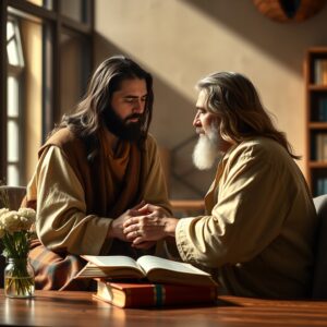 A photorealistic, professional photography image of Jesus Christ as Lord and Savior in a pastoral, educational setting, conveying building faith, providing encouragement, and offering clear, loving answers, accessible to new believers and doctrinally sound for mature Christians.