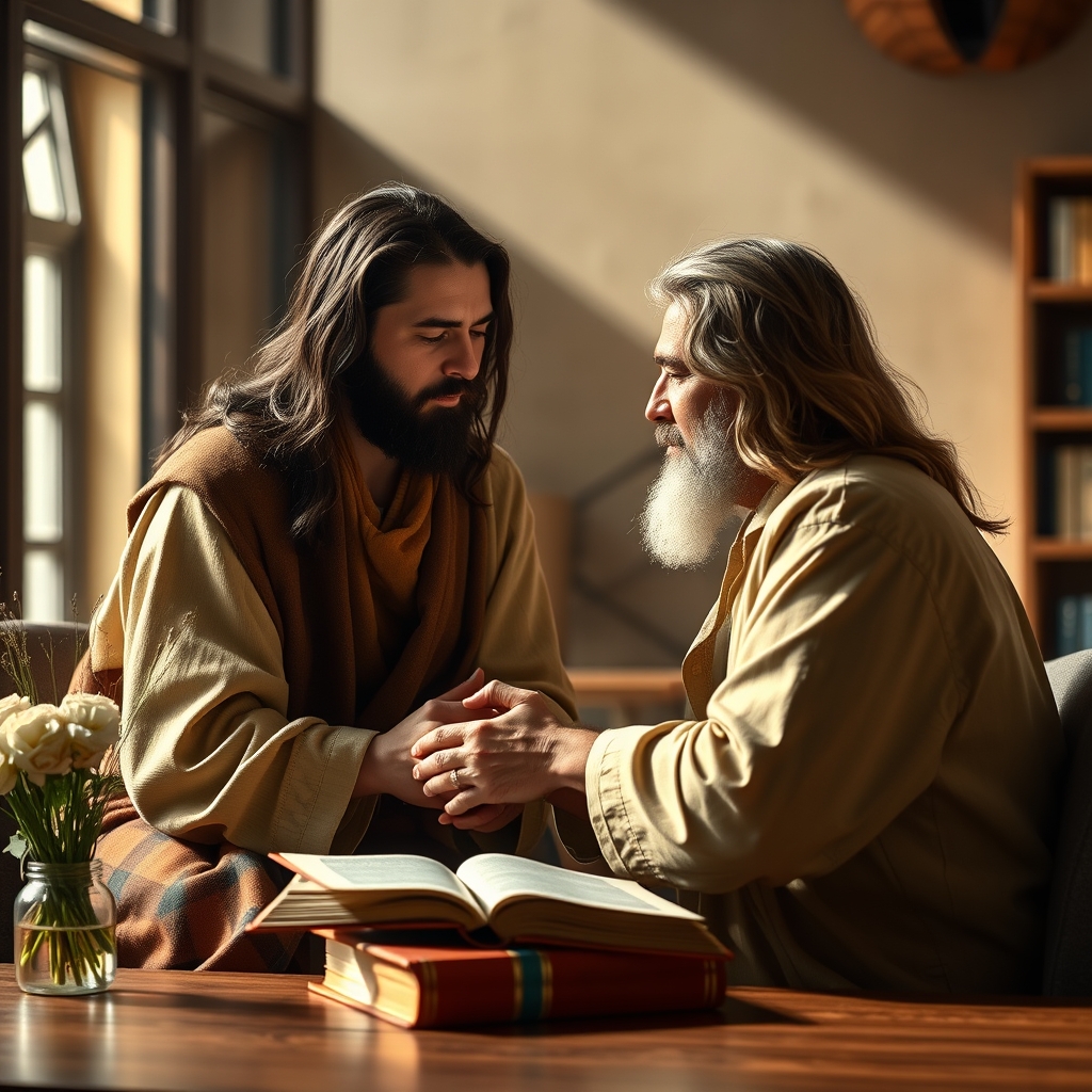 A photorealistic, professional photography image of Jesus Christ as Lord and Savior in a pastoral, educational setting, conveying building faith, providing encouragement, and offering clear, loving answers, accessible to new believers and doctrinally sound for mature Christians.