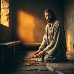 A photorealistic, professional photography image of Jesus washing His disciples' feet in a warm, softly lit room, conveying humility, compassion, and the heart of the Gospel as described in John 13