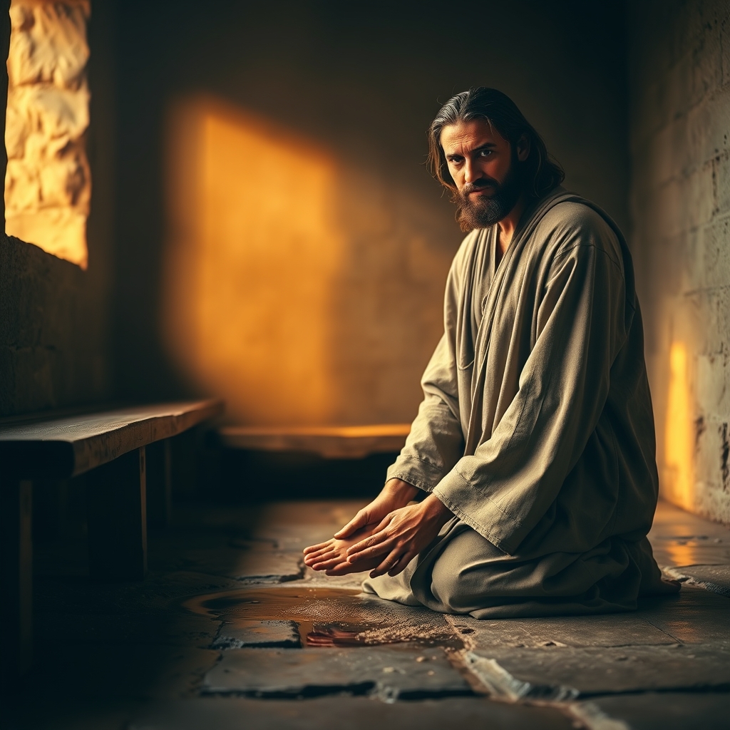 A photorealistic, professional photography image of Jesus washing His disciples' feet in a warm, softly lit room, conveying humility, compassion, and the heart of the Gospel as described in John 13