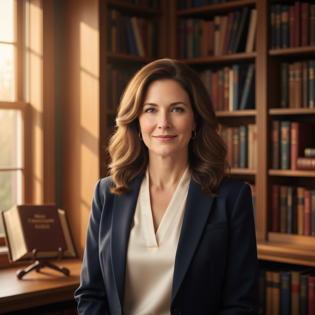 A photorealistic professional portrait of Rachel Ruth Lotz Wright in a warmly lit study with Christian books and a Bible visible in the background.