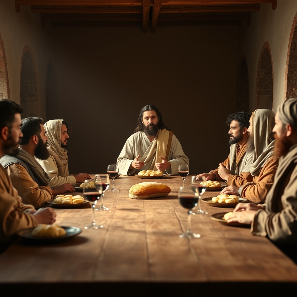 A photorealistic reenactment of the Last Supper, showing Jesus and his apostles at a table with bread and wine, bathed in warm, intimate light.
