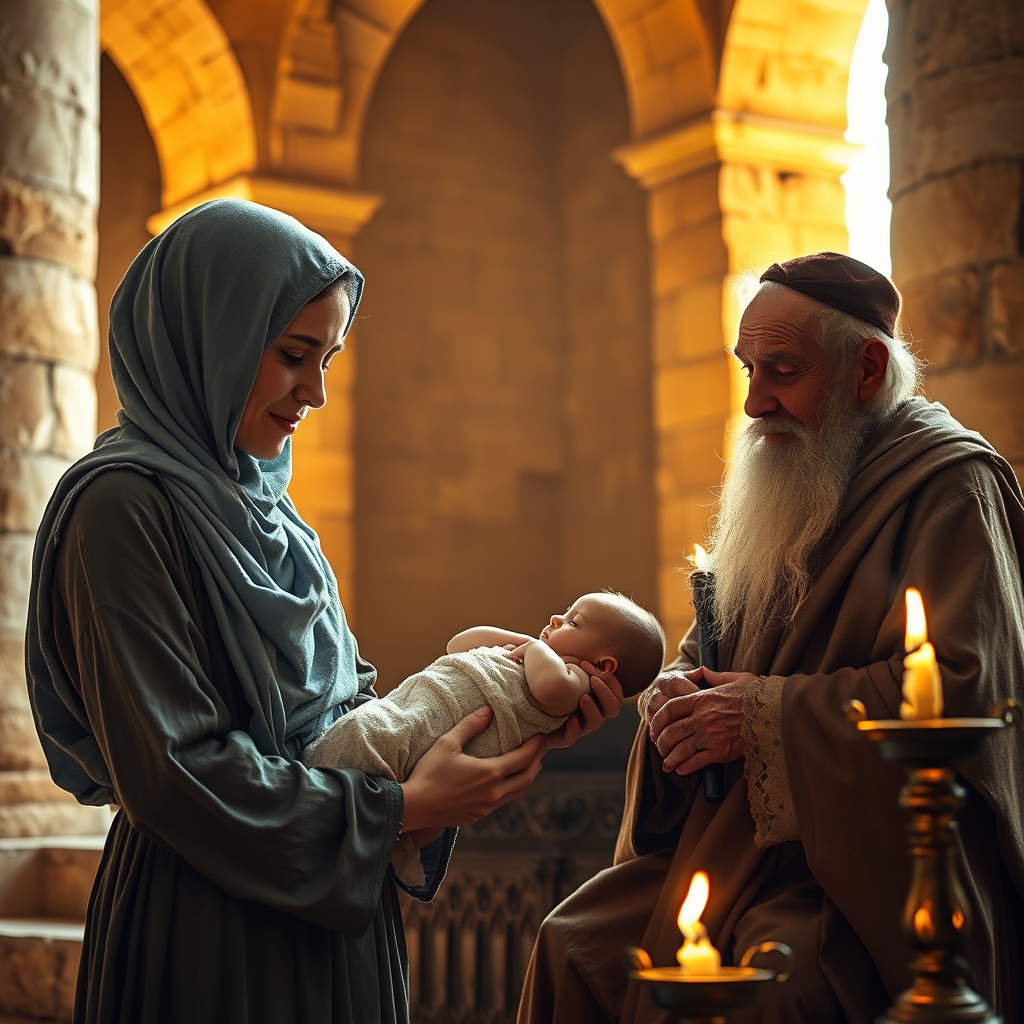 A photorealistic scene of the presentation of Jesus at the temple, featuring Simeon and Anna recognizing the infant Messiah in a warm, reverent setting.