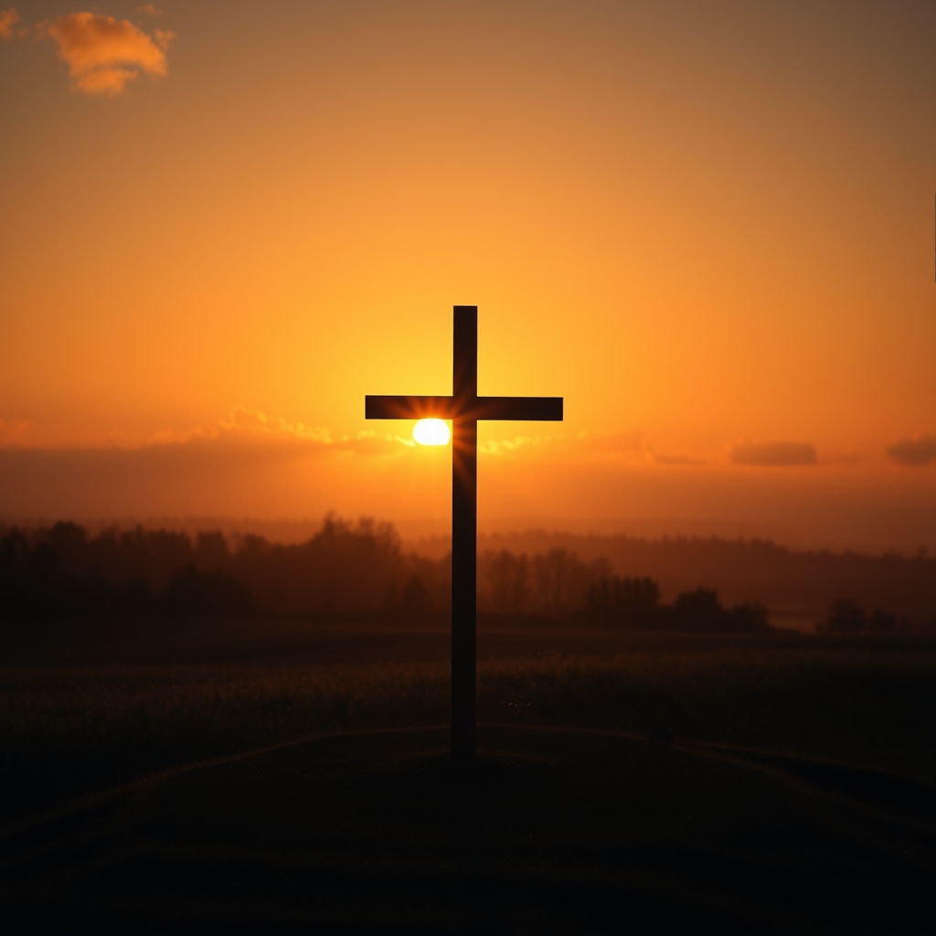 A photorealistic sunrise over a countryside with a wooden cross in the foreground, symbolizing hope and faith.