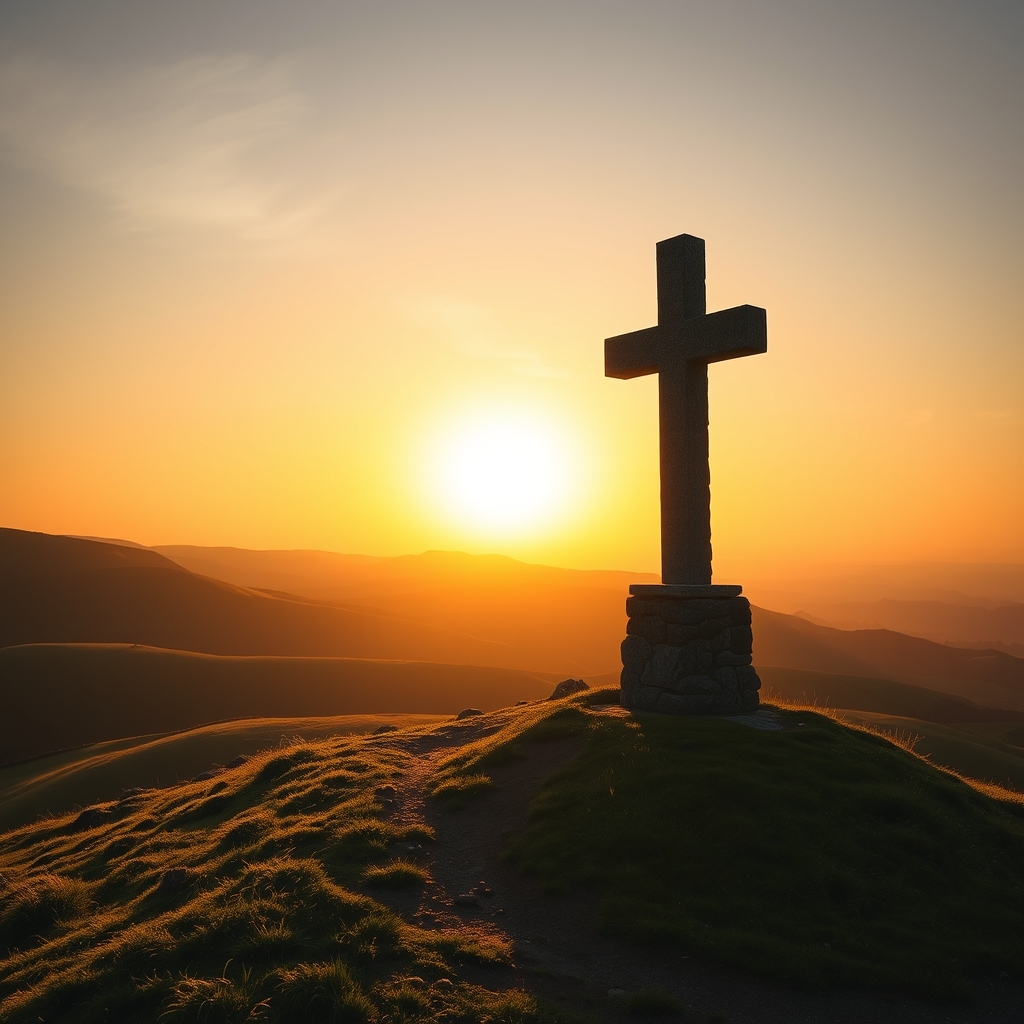 A photorealistic sunrise over a peaceful countryside with a cross on a hill, conveying reverence and spiritual reflection.