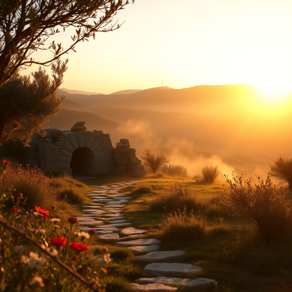 A photorealistic sunrise over a peaceful garden landscape with an ancient stone tomb entrance at dawn, bathed in warm golden light, evoking the hope and reverence of Easter morning.