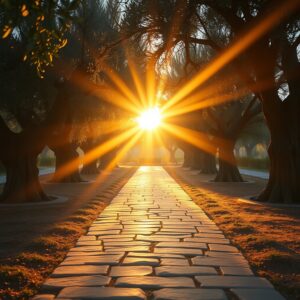 A photorealistic sunrise through olive trees with warm golden light, evoking peace and reverence—symbolizing hope, faith, and the warmth of God's presence