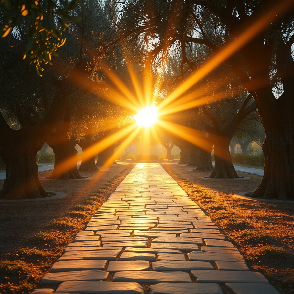 A photorealistic sunrise through olive trees with warm golden light, evoking peace and reverence—symbolizing hope, faith, and the warmth of God's presence