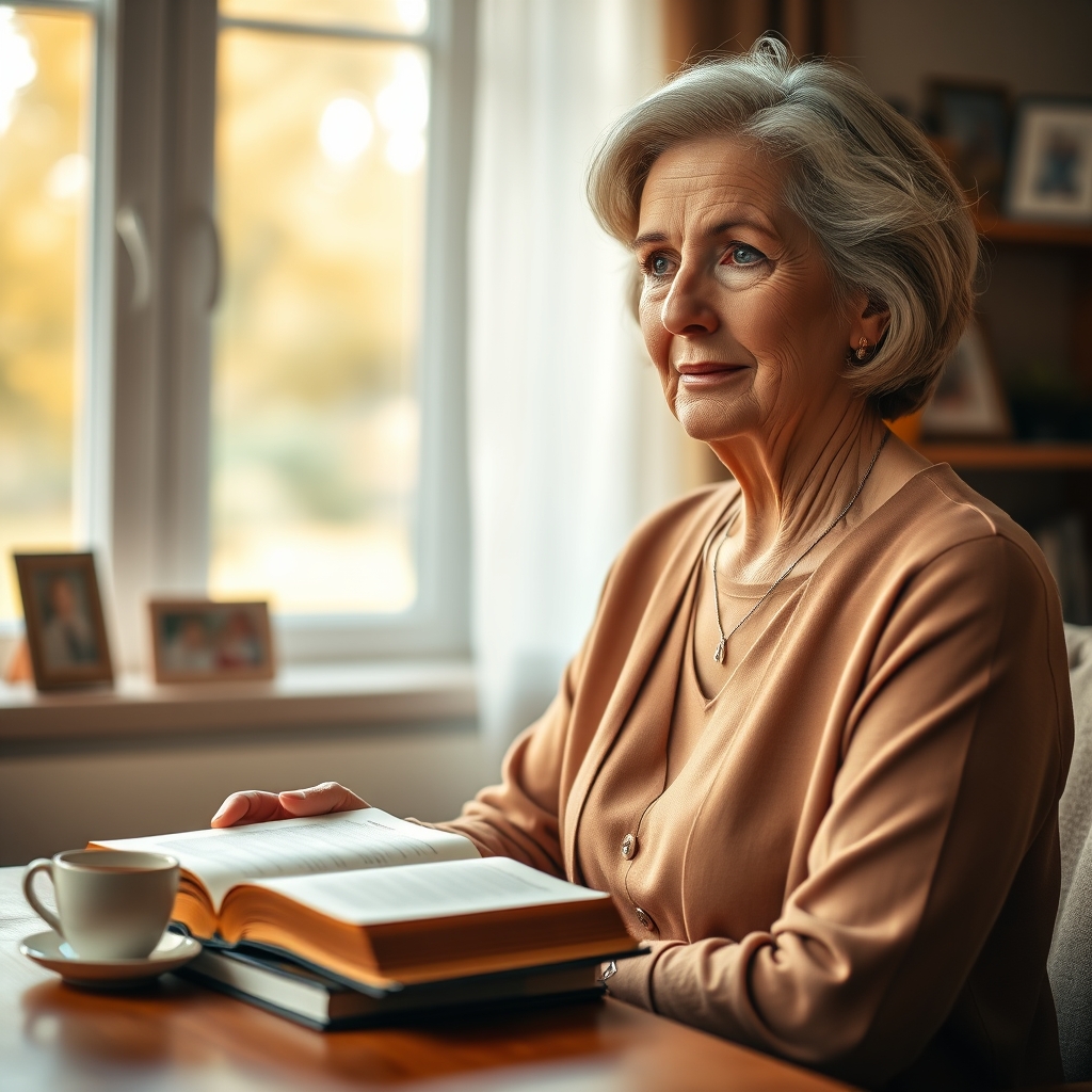 A photorealistic, tender portrait of a mature Christian woman in a warmly lit room, seated beside an open Bible, radiating quiet faith and spiritual depth, symbolizing a life devoted to Jesus Christ and a legacy of family faith.