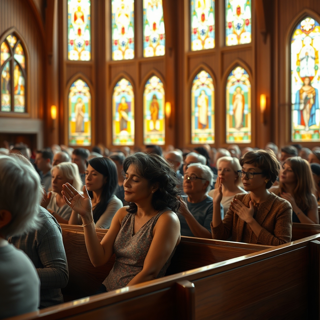 A photorealistic wide shot of a diverse group of people worshipping together in a warmly lit modern church with stained-glass windows.