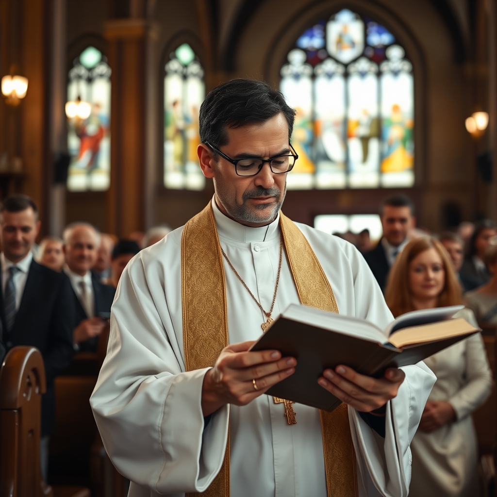 A priest reads from the Gospel book during a Sunday Mass as light filters through stained glass