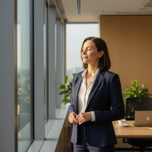 A professional in a modern office, standing by a window with a serene and contemplative expression, reflecting peace and inner strength derived from faith.