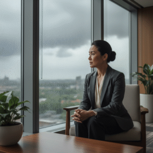A professional-looking person thoughtfully gazes out a window at a stormy, rainy scene, symbolizing personal struggles and deep contemplation.